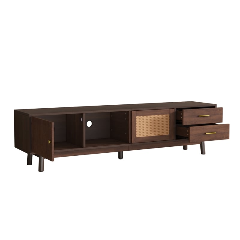 TV Media Cabinet- Rattan Sliding Doors- 2 Drawers- Dark Brown 71 Inch