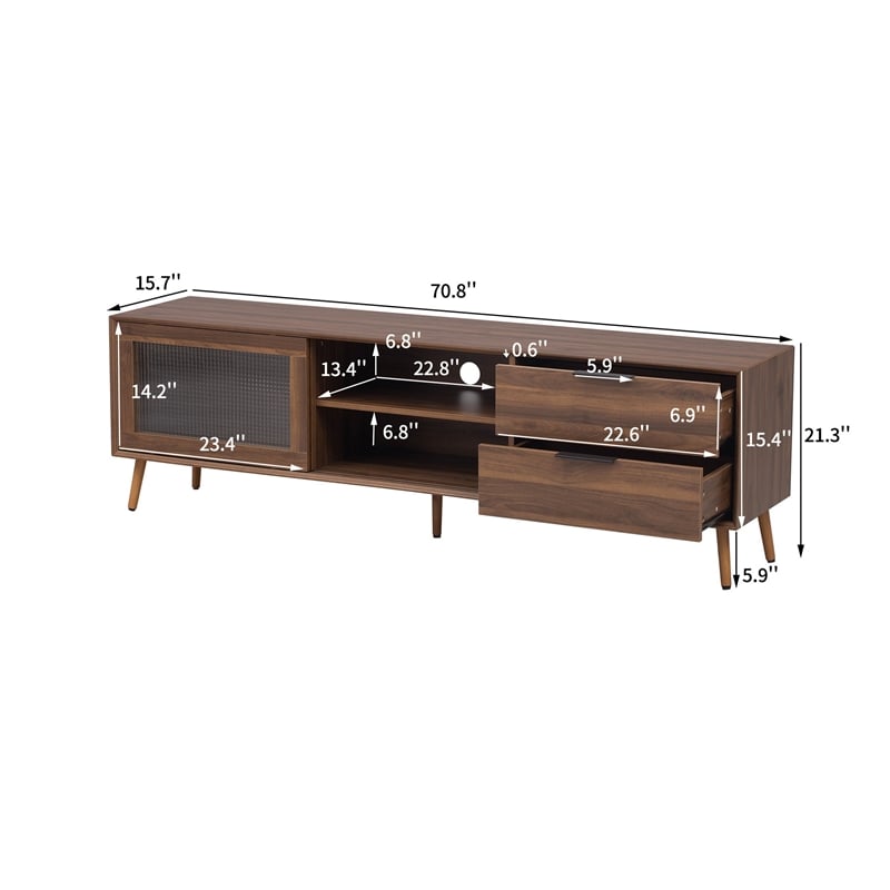 TV Media Cabinet- Fluted Glass Doors- 2 Drawers- Walnut Brown 71 Inch