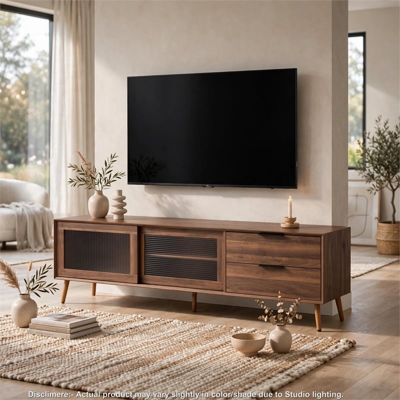TV Media Cabinet- Fluted Glass Doors- 2 Drawers- Walnut Brown 71 Inch
