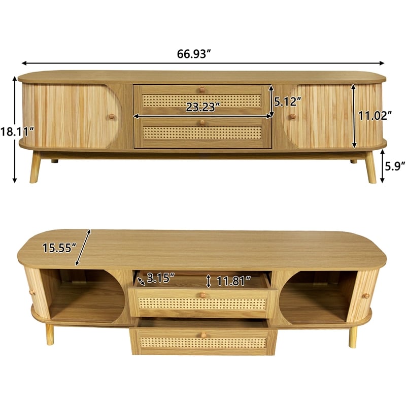 Vayu TV Media Cabinet- 2 Sliding Doors- 2 Drawers- Natural Brown 67 Inch