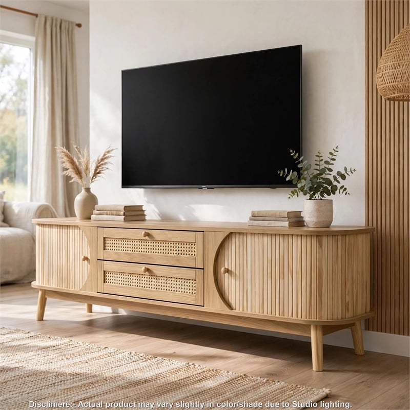 Vayu TV Media Cabinet- 2 Sliding Doors- 2 Drawers- Natural Brown 67 Inch