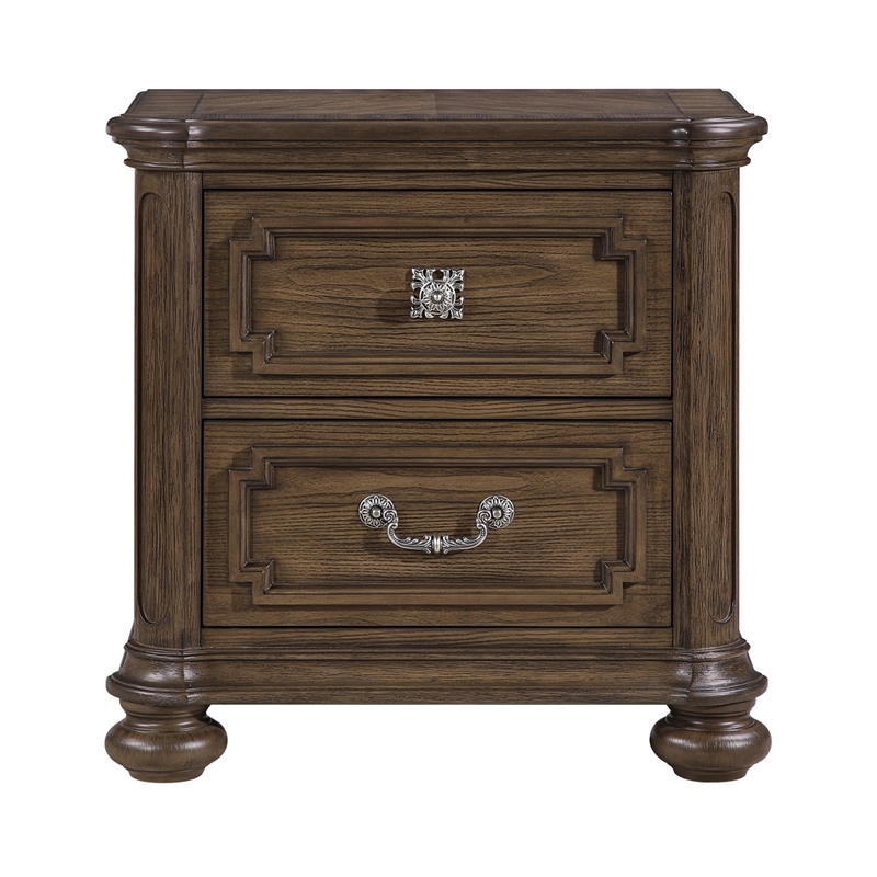 Bucky Nightstand with 2 Dovetail Drawers- Molding Details- Brown Wood