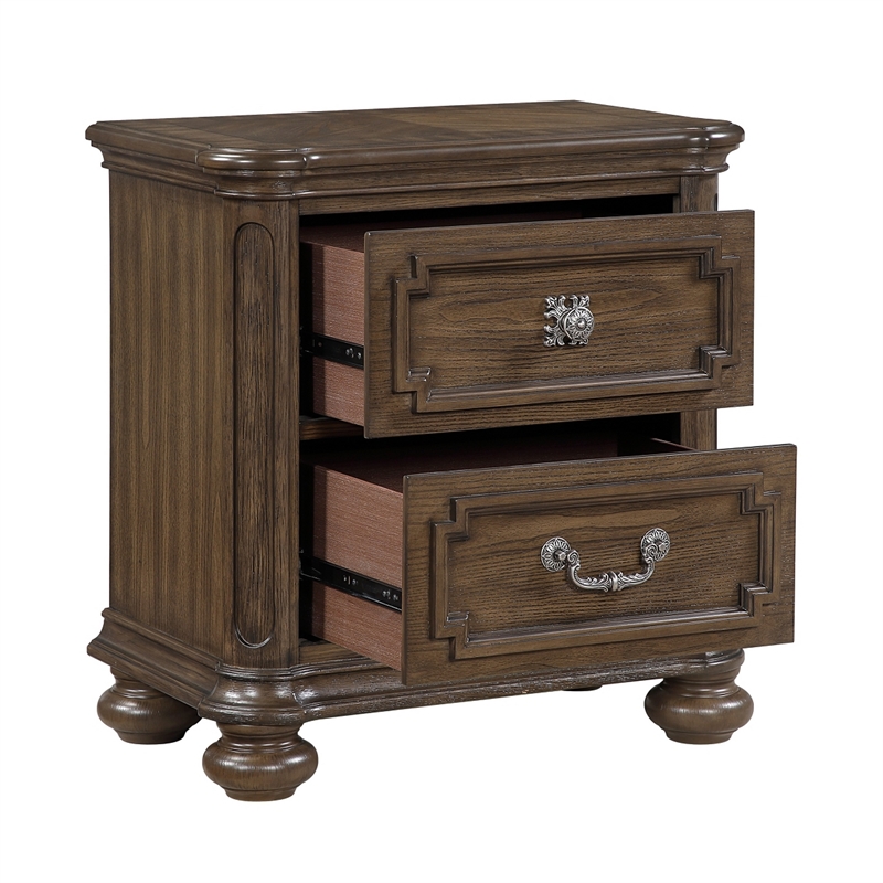 Bucky Nightstand with 2 Dovetail Drawers- Molding Details- Brown Wood