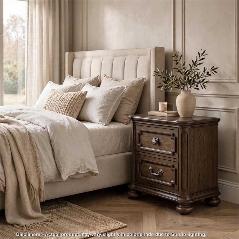 Bucky Nightstand with 2 Dovetail Drawers- Molding Details- Brown Wood