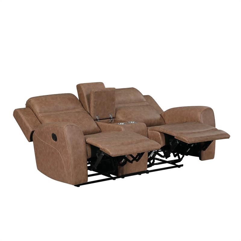 Berty Double Reclining Loveseat- Console and Cup Holders- Brown Fabric