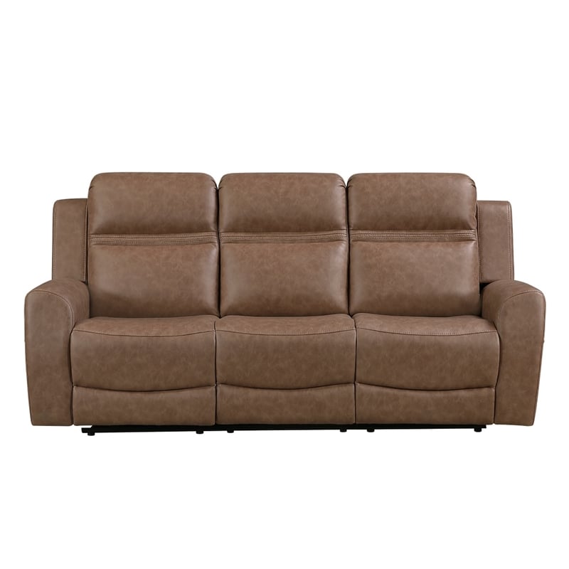 Berty Double Reclining Sofa- Tab Pull- Metal Frame- Brown Microfiber