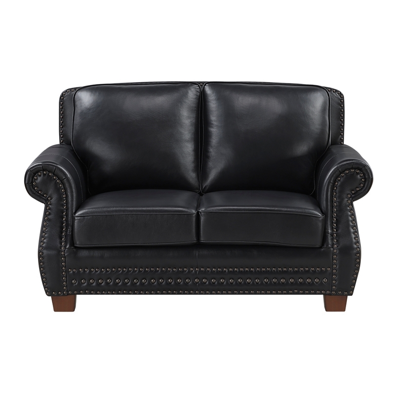Ronny Loveseat with Nailhead Trim- Brown Wood Feet- Black Genuine Leather