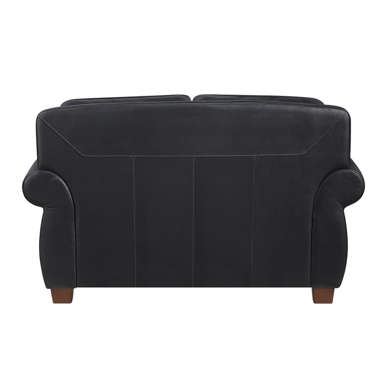 Ronny Loveseat with Nailhead Trim- Brown Wood Feet- Black Genuine Leather