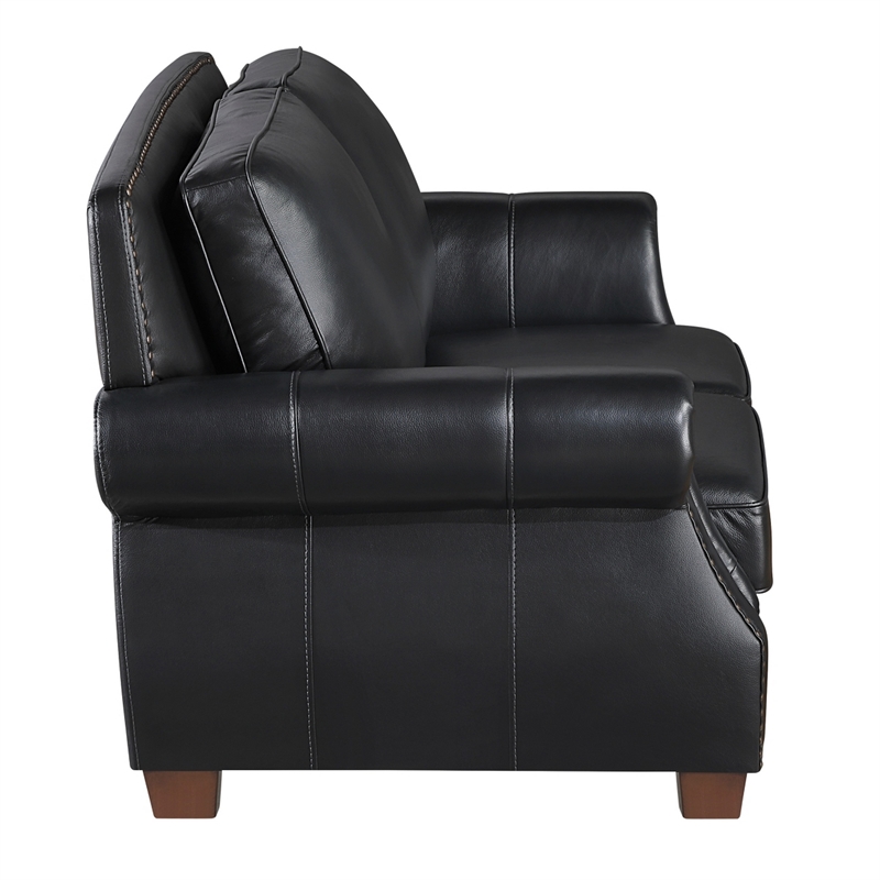 Ronny Loveseat with Nailhead Trim- Brown Wood Feet- Black Genuine Leather