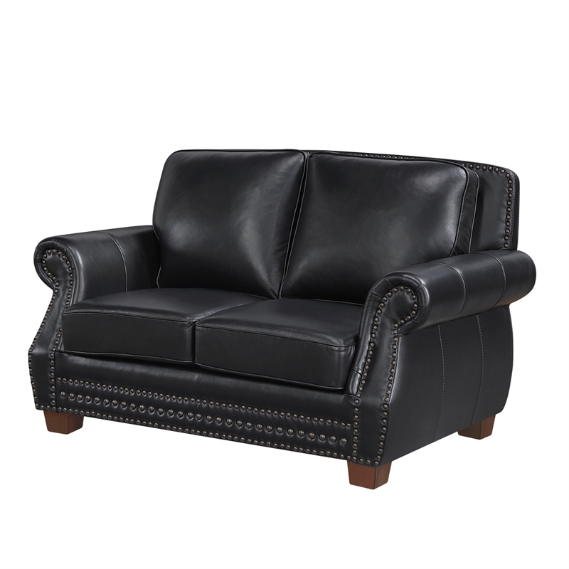 Ronny Loveseat with Nailhead Trim- Brown Wood Feet- Black Genuine Leather