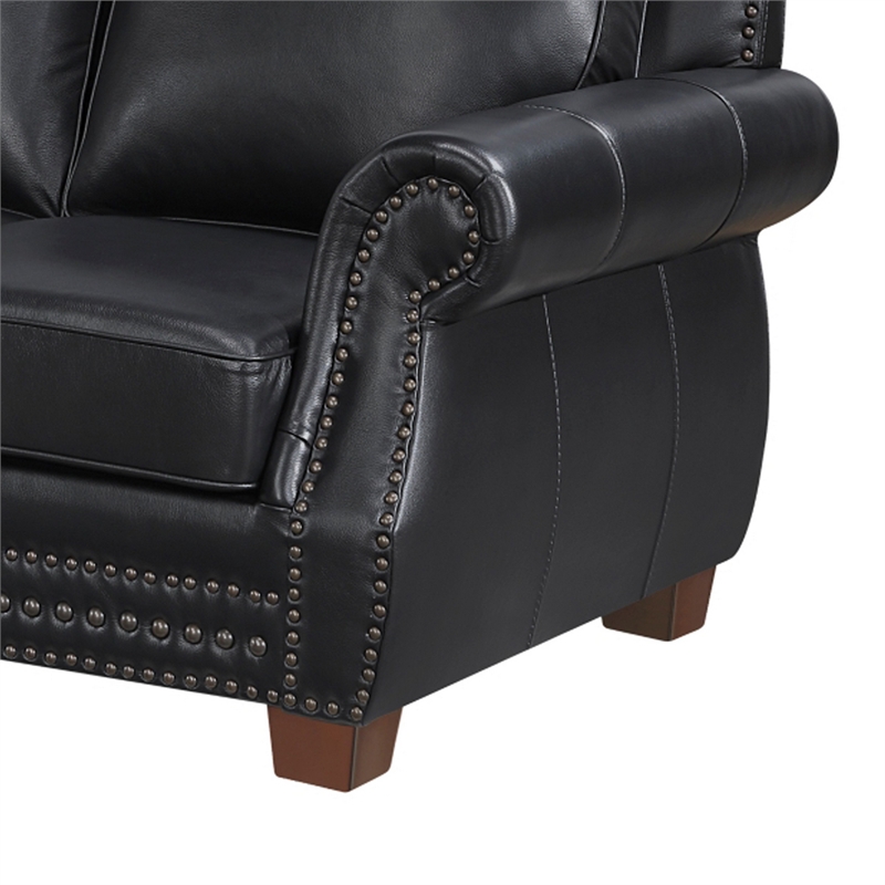 Ronny Loveseat with Nailhead Trim- Brown Wood Feet- Black Genuine Leather