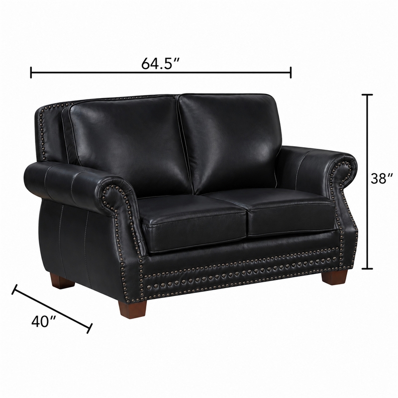Ronny Loveseat with Nailhead Trim- Brown Wood Feet- Black Genuine Leather