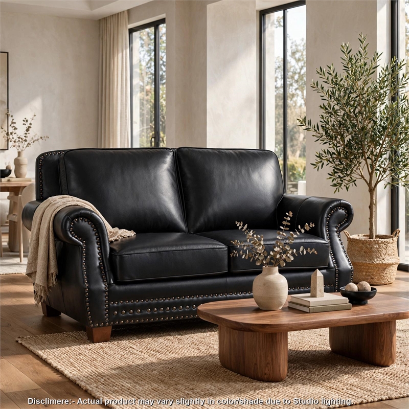 Ronny Loveseat with Nailhead Trim- Brown Wood Feet- Black Genuine Leather