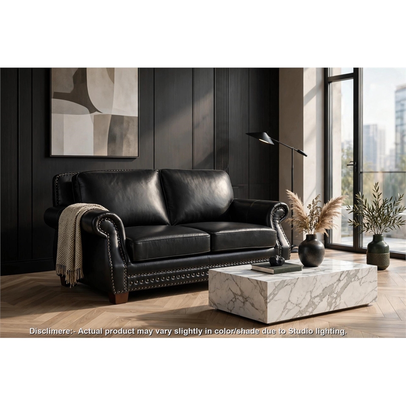 Ronny Loveseat with Nailhead Trim- Brown Wood Feet- Black Genuine Leather