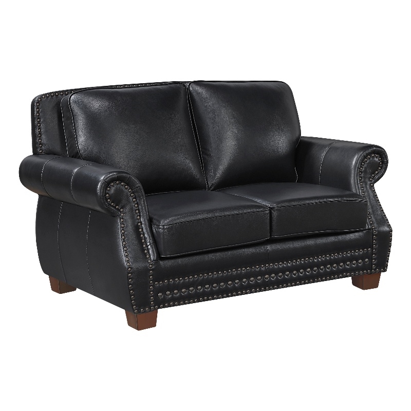 Ronny Loveseat with Nailhead Trim- Brown Wood Feet- Black Genuine Leather