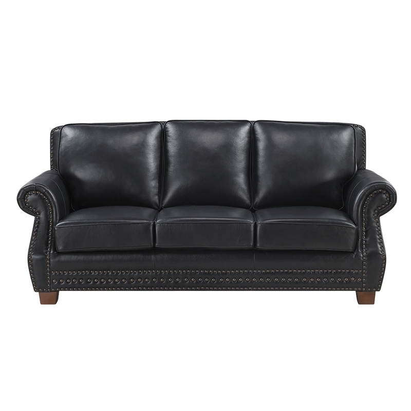 Ronny Sofa- Nailhead Trim- Brown Wood Feet- Black Genuine Leather