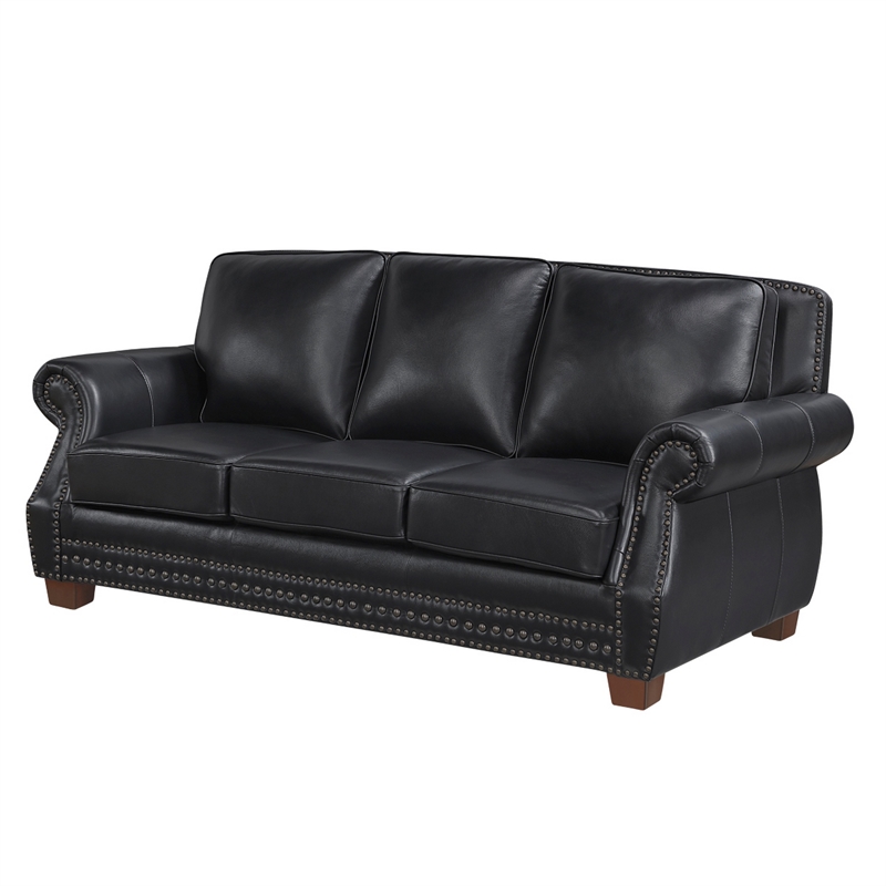 Ronny Sofa- Nailhead Trim- Brown Wood Feet- Black Genuine Leather