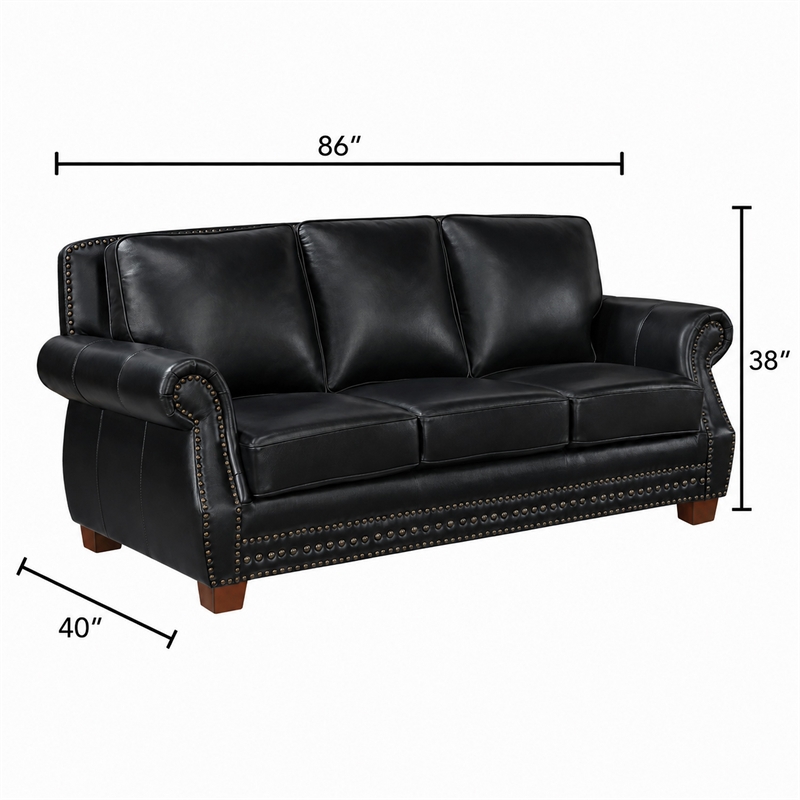Ronny Sofa- Nailhead Trim- Brown Wood Feet- Black Genuine Leather