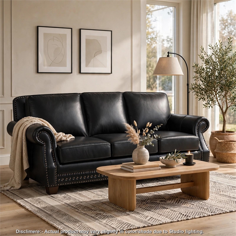 Ronny Sofa- Nailhead Trim- Brown Wood Feet- Black Genuine Leather