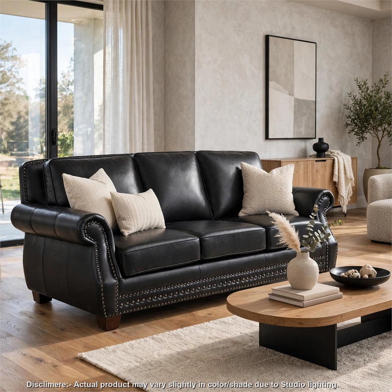 Ronny Sofa- Nailhead Trim- Brown Wood Feet- Black Genuine Leather