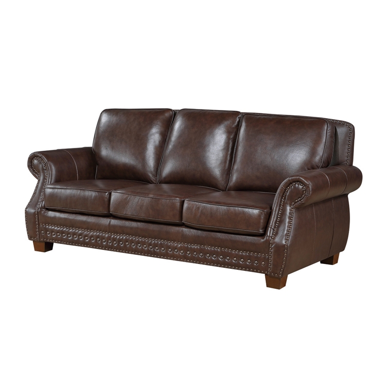 Ronny Sofa- Nailhead Trim- Rolled Arms- Brown Wood Feet- Brown Leather