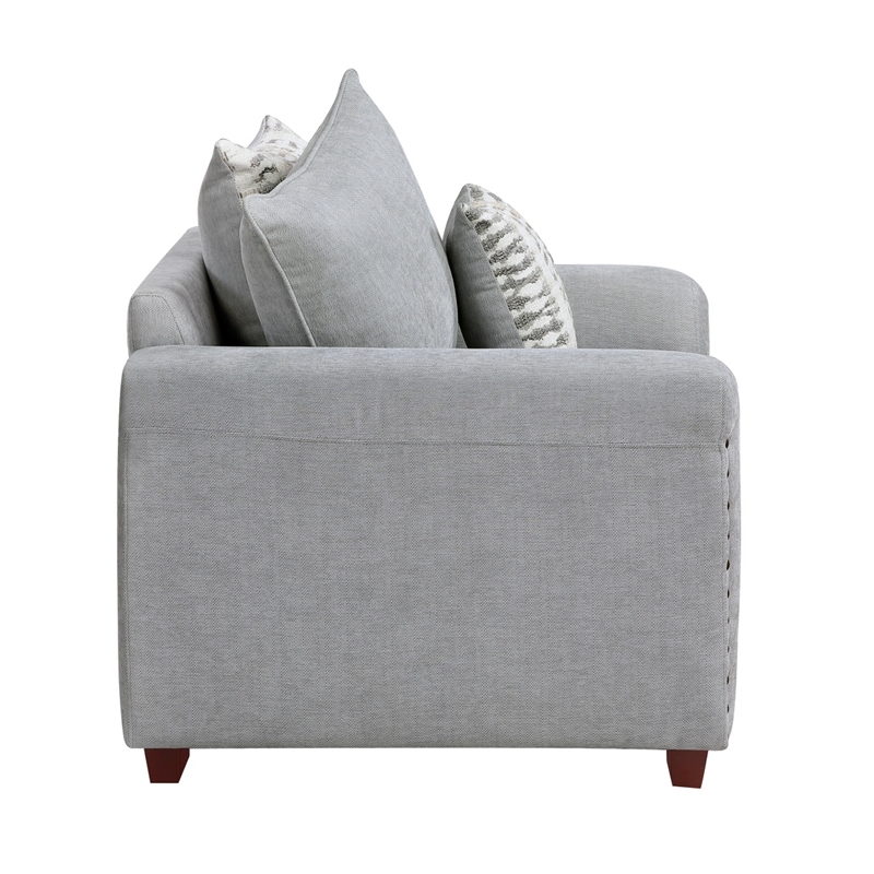 Gini Accent Chair with 3 Accent Pillows- Nailhead Trim- Gray Chenille
