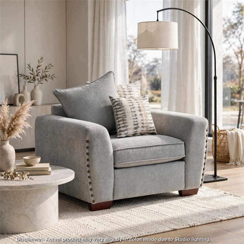 Gini Accent Chair with 3 Accent Pillows- Nailhead Trim- Gray Chenille