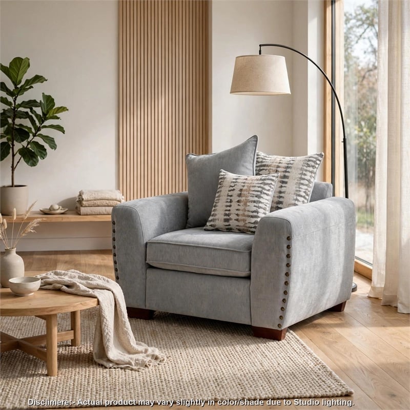 Gini Accent Chair with 3 Accent Pillows- Nailhead Trim- Gray Chenille