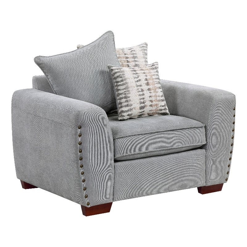 Gini Accent Chair with 3 Accent Pillows- Nailhead Trim- Gray Chenille