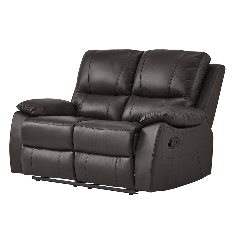 Drake Manual Double Reclining Loveseat- Foam Cushions- Brown Faux Leather