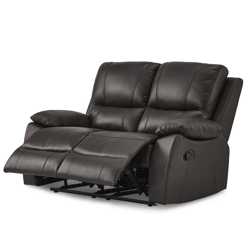 Drake Manual Double Reclining Loveseat- Foam Cushions- Brown Faux Leather