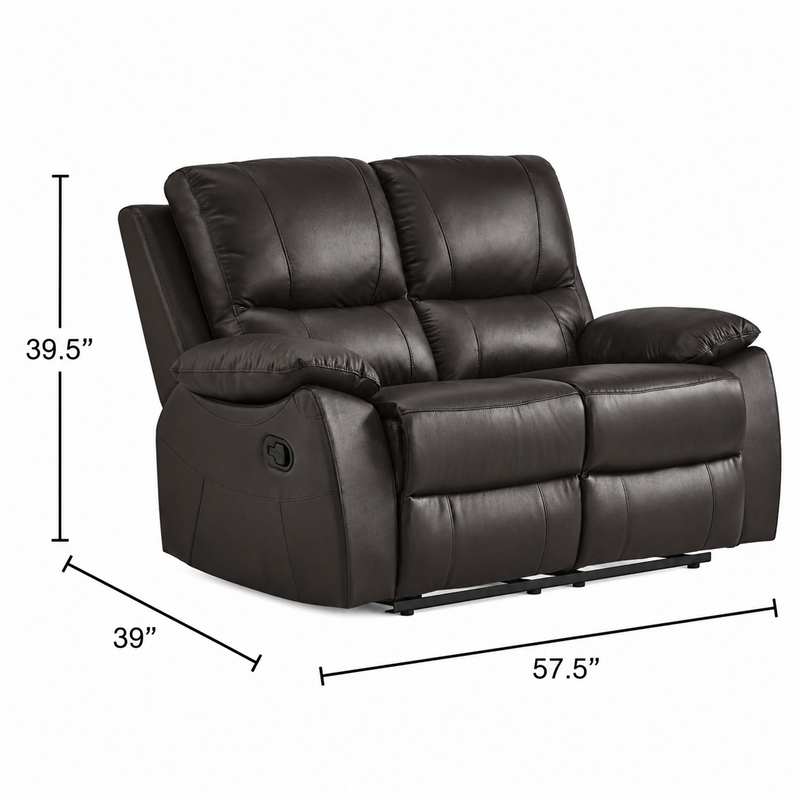 Drake Manual Double Reclining Loveseat- Foam Cushions- Brown Faux Leather
