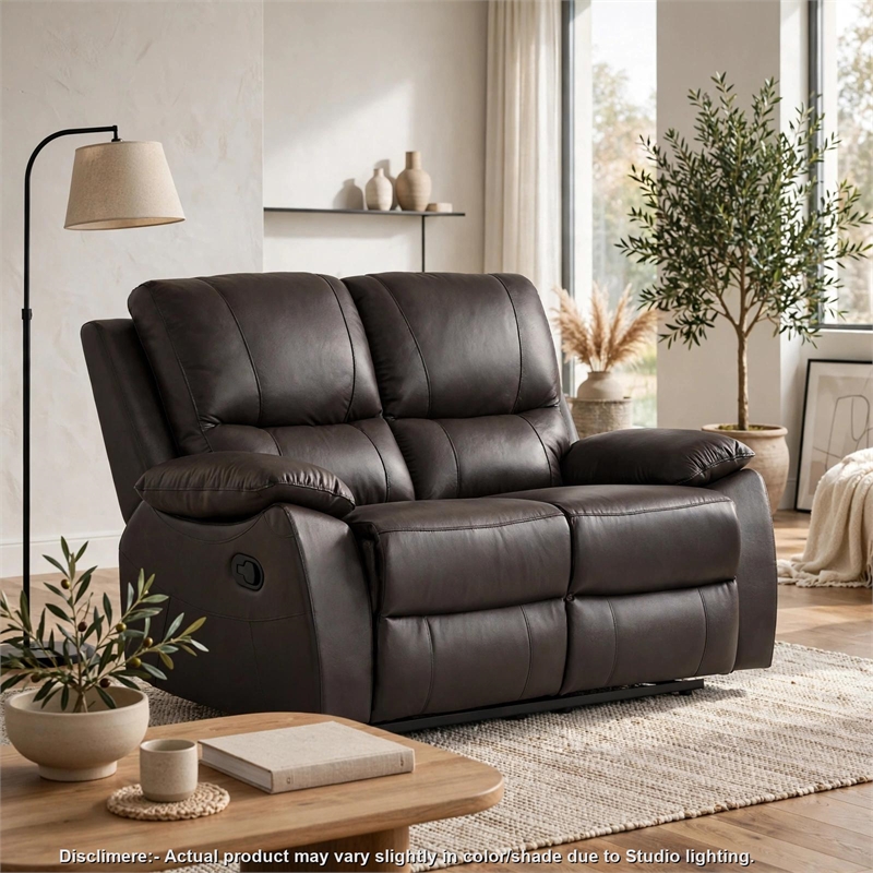 Drake Manual Double Reclining Loveseat- Foam Cushions- Brown Faux Leather
