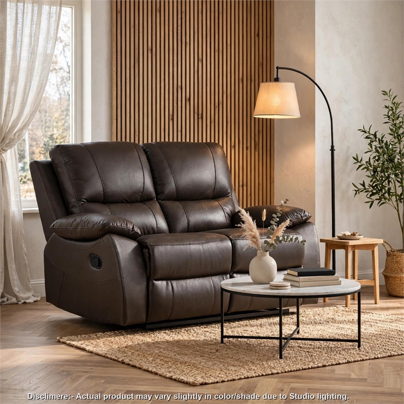 Drake Manual Double Reclining Loveseat- Foam Cushions- Brown Faux Leather