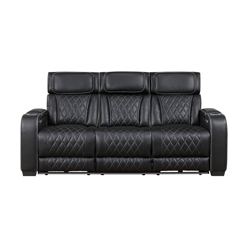 Fiya Power Double Reclining LED Sofa- USB Ports- Black Faux Leather