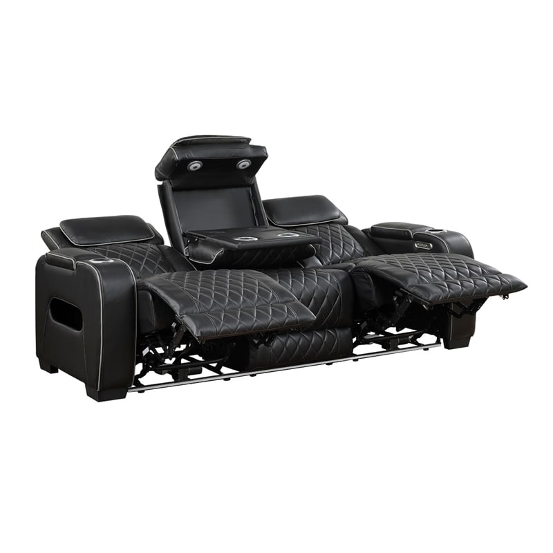 Fiya Power Double Reclining LED Sofa- USB Ports- Black Faux Leather