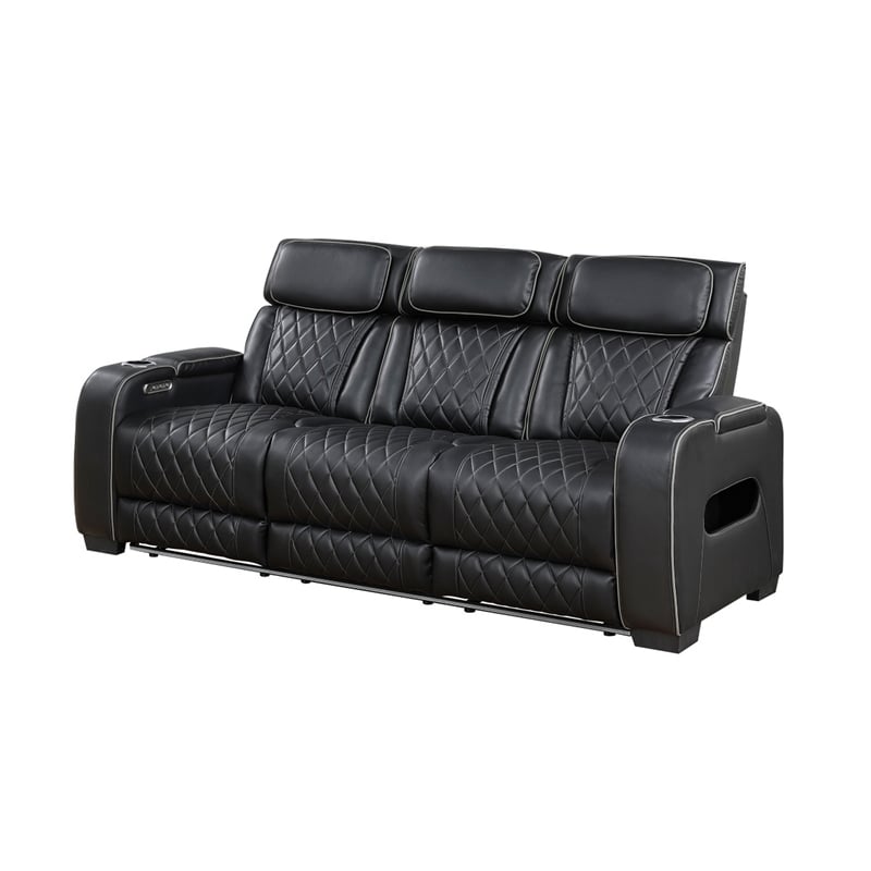 Fiya Power Double Reclining LED Sofa- USB Ports- Black Faux Leather