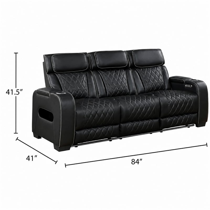 Fiya Power Double Reclining LED Sofa- USB Ports- Black Faux Leather
