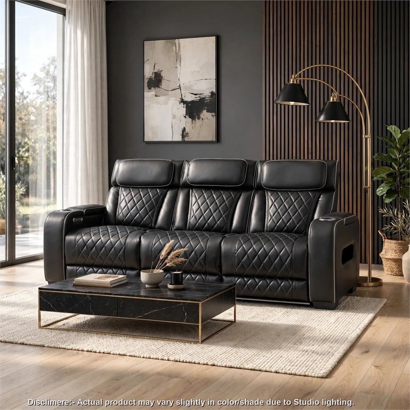 Fiya Power Double Reclining LED Sofa- USB Ports- Black Faux Leather