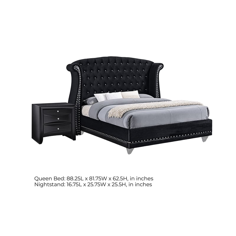 Queen Bedroom Set- Upholstered Design- Black- 2 Piece Set with Nightstand