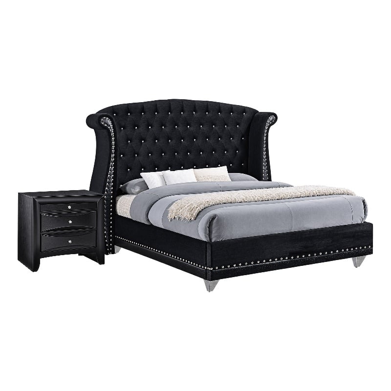Queen Bedroom Set- Upholstered Design- Black- 2 Piece Set with Nightstand