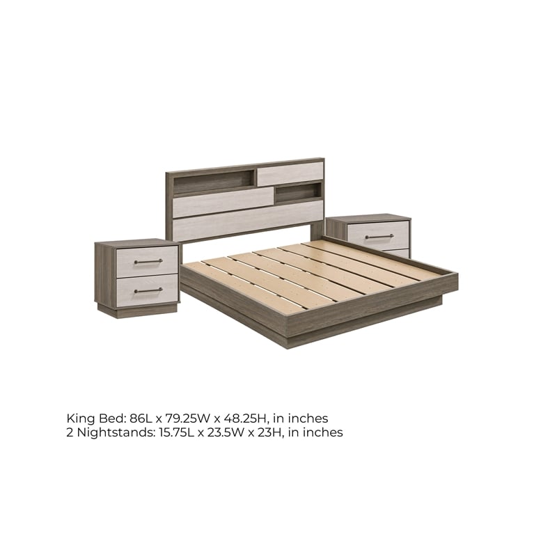 King Bedroom Set- Storage Gray and Nickel- 3 Piece Set with 2 Nightstands