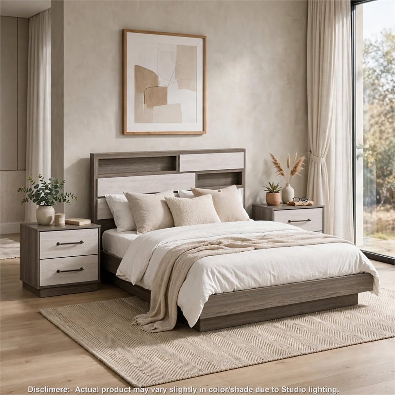 King Bedroom Set- Storage Gray and Nickel- 3 Piece Set with 2 Nightstands
