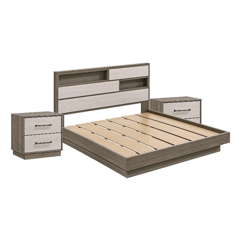 King Bedroom Set- Storage Gray and Nickel- 3 Piece Set with 2 Nightstands