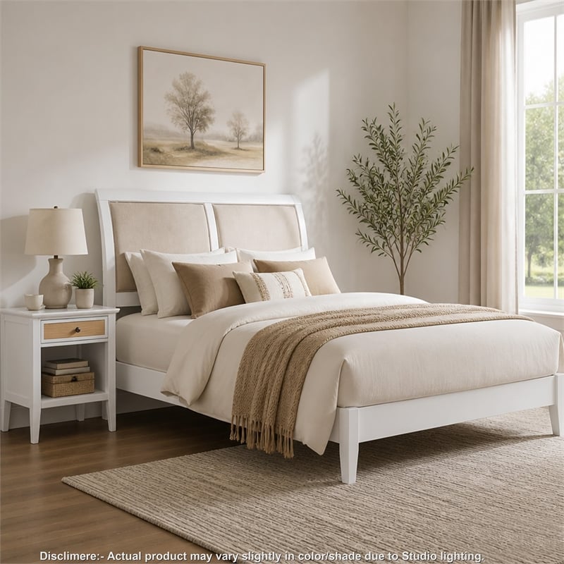 Queen Bedroom Set- White and Beige- 2 Piece Set with Nightstand