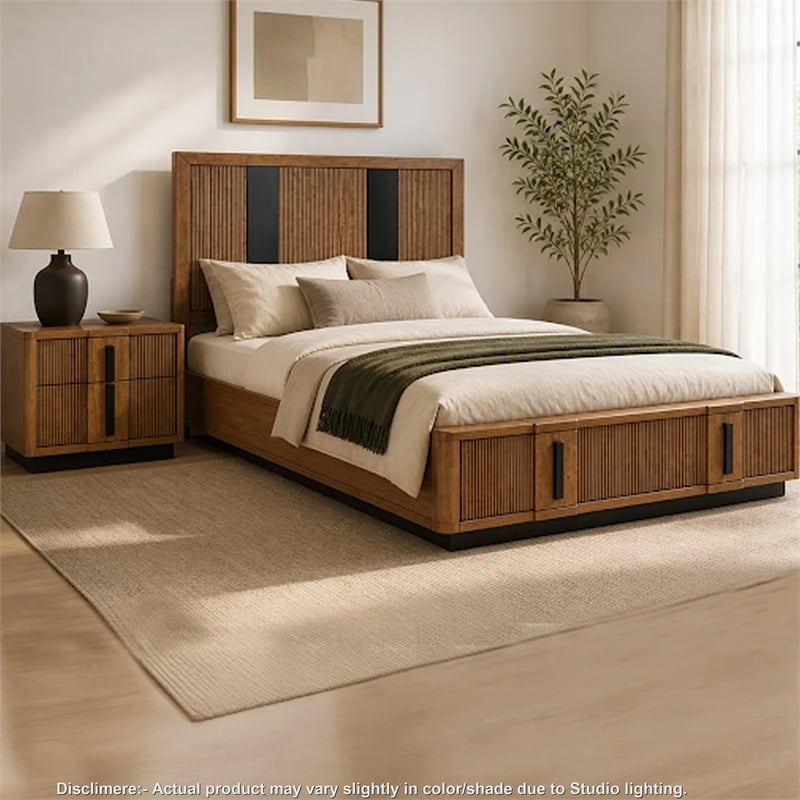 King Bedroom Set- Storage- Brown and Black- 2 Piece Set with Nightstand