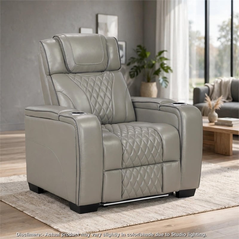 Akon Power Recliner- Heat Massage- USB- LED Light- Gray Genuine Leather