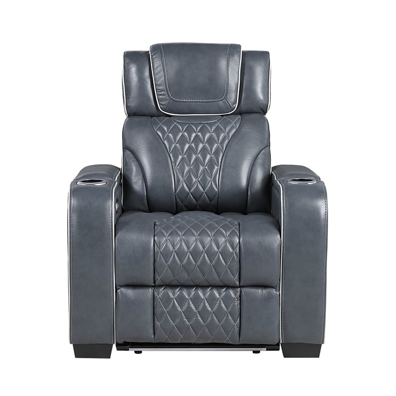 Akon Power Recliner- Heat Massage- USB- LED Light- Blue Genuine Leather