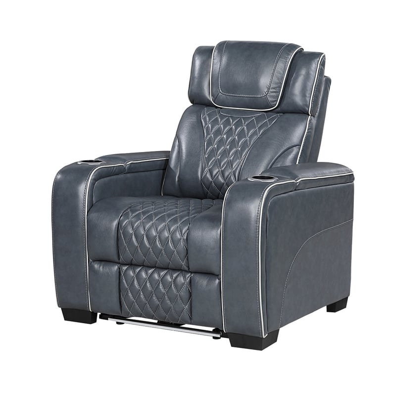 Akon Power Recliner- Heat Massage- USB- LED Light- Blue Genuine Leather