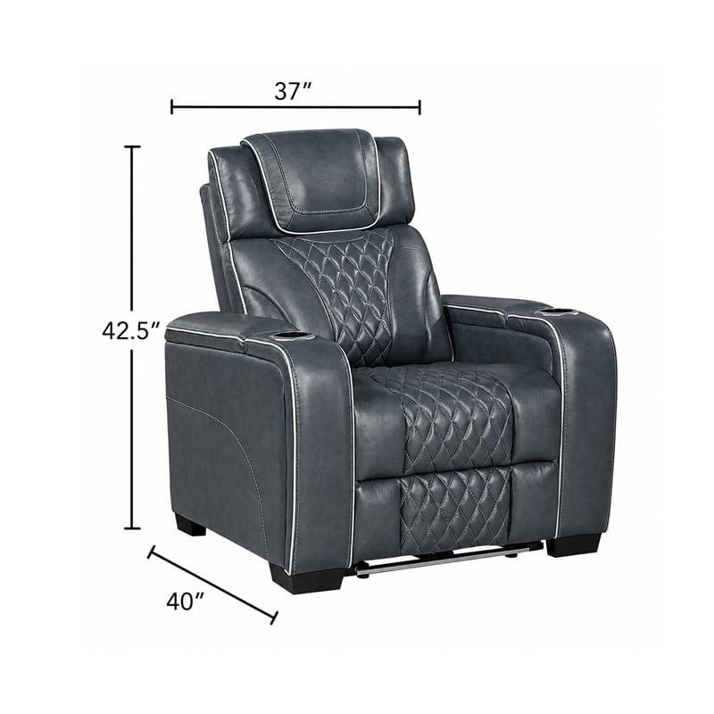 Akon Power Recliner- Heat Massage- USB- LED Light- Blue Genuine Leather